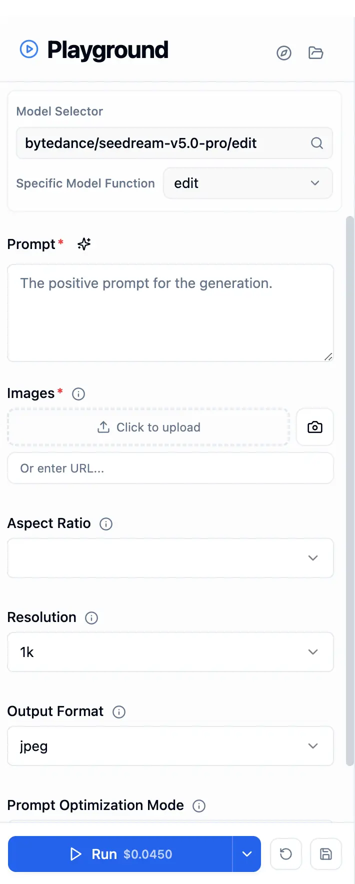 Seedream Pro Edit Playground with Prompt and Images fields, aspect ratio, resolution, format and Run button