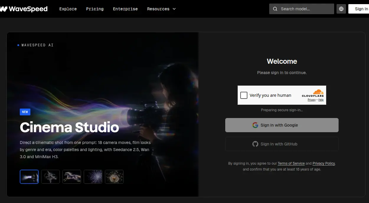 WaveSpeed Welcome screen with Sign in with Google and Sign in with GitHub options, pending security verification