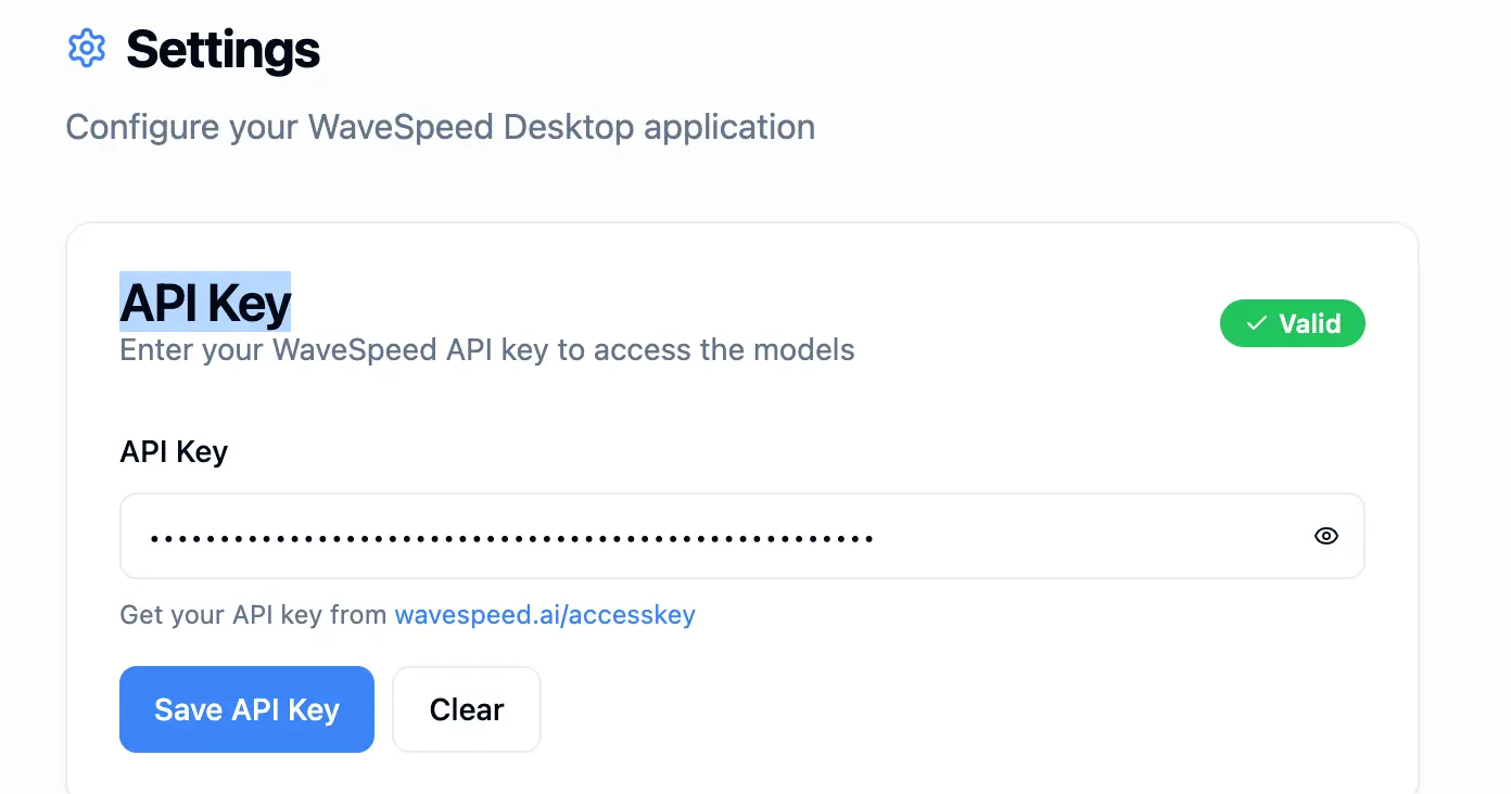 WaveSpeed Desktop Settings: Hidden API Key, Save API Key button and Valid indicator