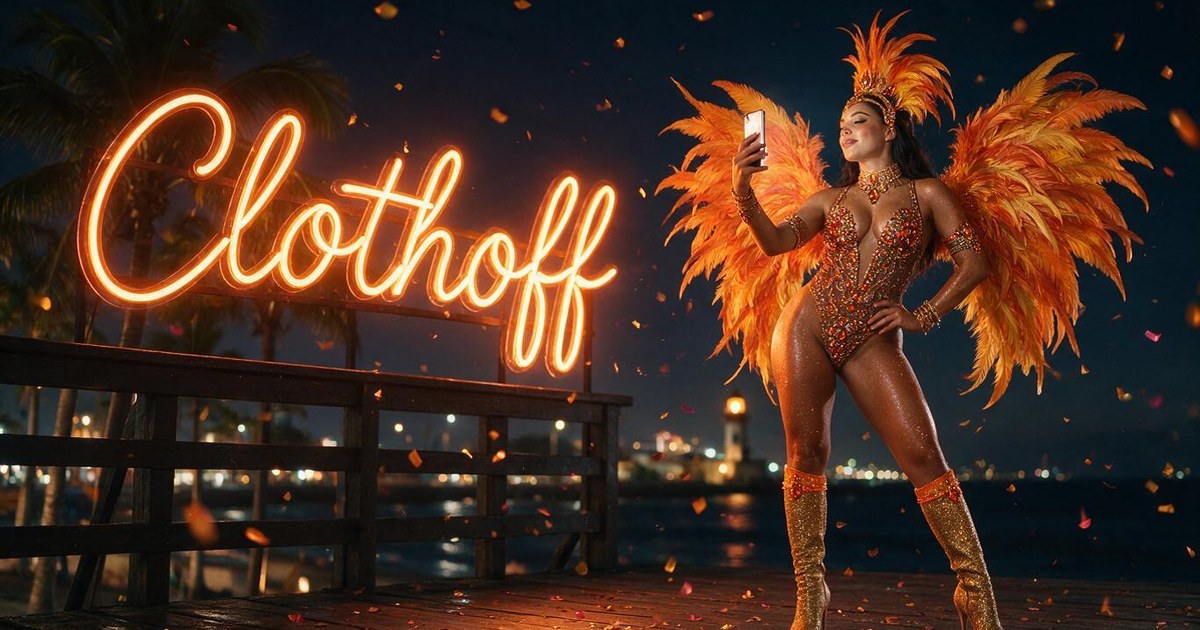 AI-generated illustration with a neon Clothoff sign — editorial cover image, no real person depicted